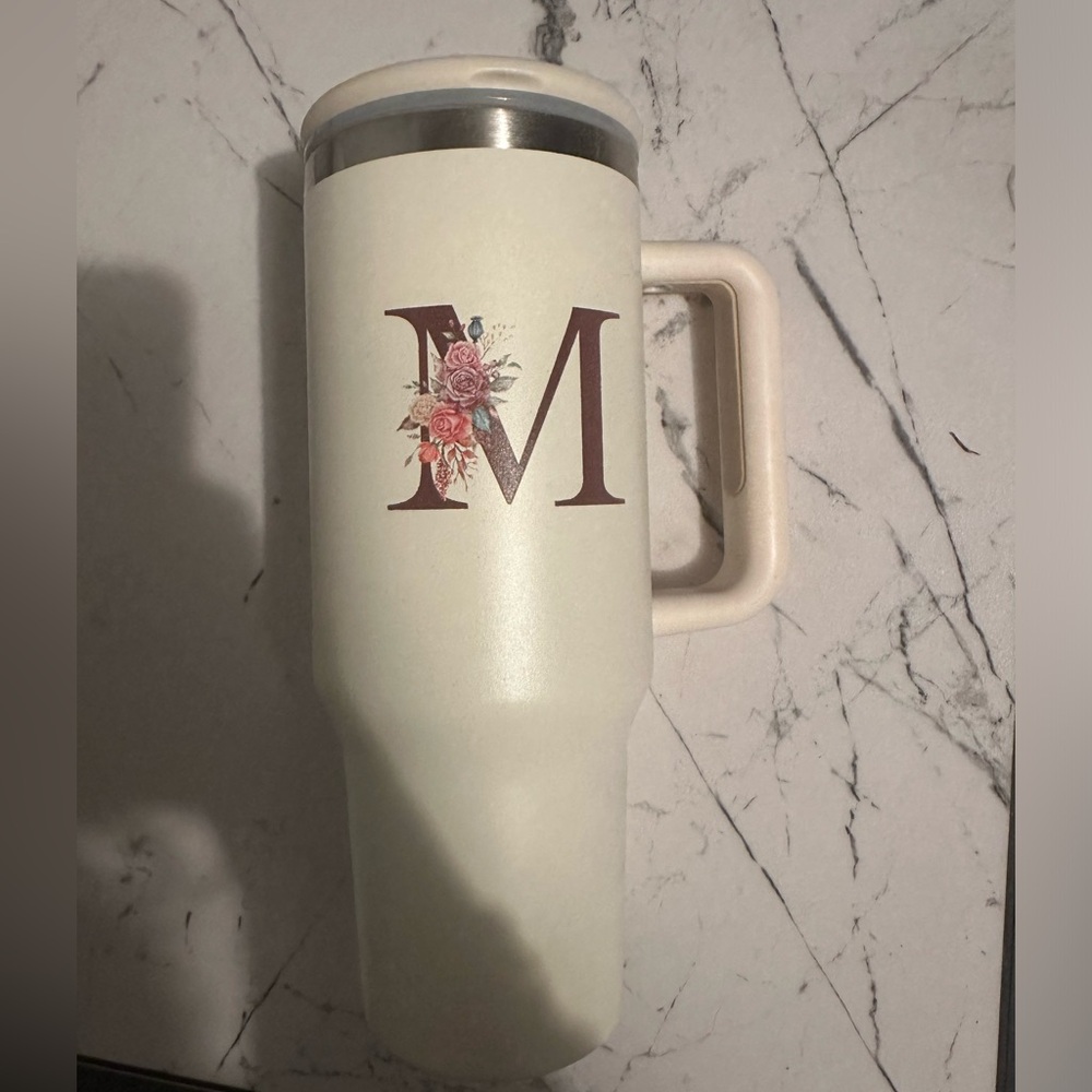 Floral Monogram “M” Cream Travel Mug